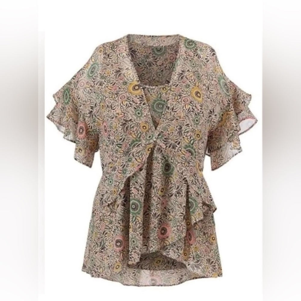 CAbi 5344 Poet Boho Floral Couplet Layered Tiered Ruffle Sleeve Top - XL